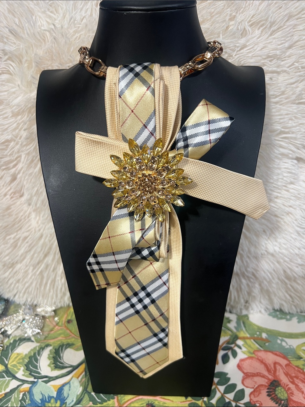 Plaid Ribbon Statement Necklace with Gold Crystal Brooch